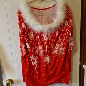 Red and White Women's Cute Christmas Top with Faux Fur Trim. The Fur Buttons